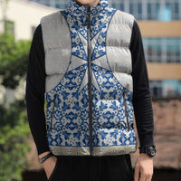 Malta Sleeveless Puffer Jacket with Blue White Tile Design and Maltese Cross Pattern - Wonder Print Shop