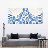Malta Tapestry with Blue White Tile Design and Maltese Cross Pattern - Wonder Print Shop