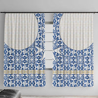 Malta Window Curtain with Blue White Tile Design and Maltese Cross Pattern - Wonder Print Shop