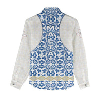 Malta Women Casual Shirt with Blue White Tile Design and Maltese Cross Pattern - Wonder Print Shop