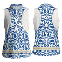 Malta Women Sleeveless Polo Shirt with Blue White Tile Design and Maltese Cross Pattern - Wonder Print Shop
