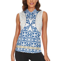 Malta Women Sleeveless Polo Shirt with Blue White Tile Design and Maltese Cross Pattern - Wonder Print Shop