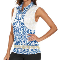 Malta Women Sleeveless Polo Shirt with Blue White Tile Design and Maltese Cross Pattern - Wonder Print Shop