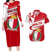 Malta Couples Matching Long Sleeve Bodycon Dress and Hawaiian Shirt with Red White Starburst Design - Wonder Print Shop