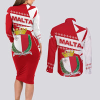 Malta Couples Matching Long Sleeve Bodycon Dress and Long Sleeve Button Shirt with Red White Starburst Design - Wonder Print Shop