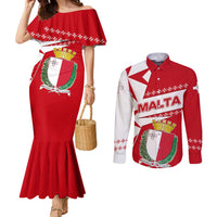 Malta Couples Matching Mermaid Dress and Long Sleeve Button Shirt with Red White Starburst Design - Wonder Print Shop