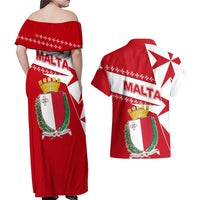 Malta Couples Matching Off Shoulder Maxi Dress and Hawaiian Shirt with Red White Starburst Design - Wonder Print Shop