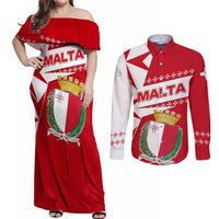 Malta Couples Matching Off Shoulder Maxi Dress and Long Sleeve Button Shirt with Red White Starburst Design - Wonder Print Shop