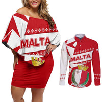 Malta Couples Matching Off Shoulder Short Dress and Long Sleeve Button Shirt with Red White Starburst Design - Wonder Print Shop