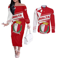 Malta Couples Matching Off The Shoulder Long Sleeve Dress and Long Sleeve Button Shirt with Red White Starburst Design - Wonder Print Shop