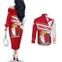 Malta Couples Matching Off The Shoulder Long Sleeve Dress and Long Sleeve Button Shirt with Red White Starburst Design - Wonder Print Shop