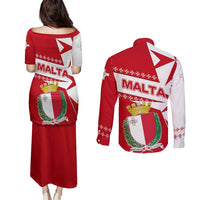 Malta Couples Matching Puletasi and Long Sleeve Button Shirt with Red White Starburst Design - Wonder Print Shop