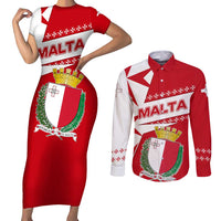 Malta Couples Matching Short Sleeve Bodycon Dress and Long Sleeve Button Shirt with Red White Starburst Design - Wonder Print Shop
