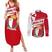 Malta Couples Matching Summer Maxi Dress and Long Sleeve Button Shirt with Red White Starburst Design - Wonder Print Shop