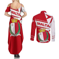 Malta Couples Matching Summer Maxi Dress and Long Sleeve Button Shirt with Red White Starburst Design - Wonder Print Shop