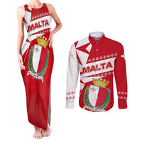 Malta Couples Matching Tank Maxi Dress and Long Sleeve Button Shirt with Red White Starburst Design - Wonder Print Shop