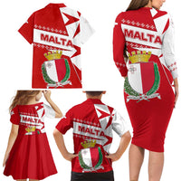 Malta Family Matching Long Sleeve Bodycon Dress and Hawaiian Shirt with Red White Starburst Design - Wonder Print Shop