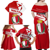 Malta Family Matching Off Shoulder Maxi Dress and Hawaiian Shirt with Red White Starburst Design - Wonder Print Shop