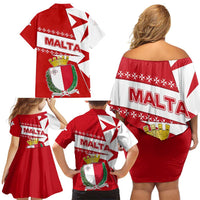 Malta Family Matching Off Shoulder Short Dress and Hawaiian Shirt with Red White Starburst Design - Wonder Print Shop