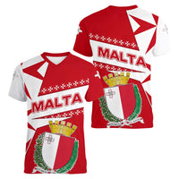 Malta Women V-Neck T-Shirt with Red White Starburst Design - Wonder Print Shop