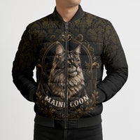 Maine Coon Cat Gentle Giant Bomber Puffer Jacket Royal Feline Vintage Gold Damask Portrait