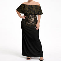 Maine Coon Cat Gentle Giant Off Shoulder Maxi Dress Royal Feline Vintage Gold Damask Portrait