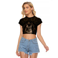 Maine Coon Cat Gentle Giant Raglan Cropped T Shirt Royal Feline Vintage Gold Damask Portrait
