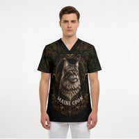 Maine Coon Cat Gentle Giant Scrub Top Royal Feline Vintage Gold Damask Portrait