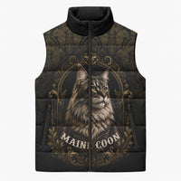 Maine Coon Cat Gentle Giant Sleeveless Puffer Jacket Royal Feline Vintage Gold Damask Portrait