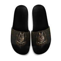 Maine Coon Cat Gentle Giant Slide Sandals Royal Feline Vintage Gold Damask Portrait