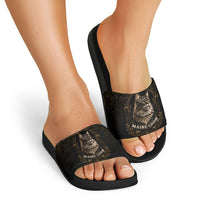 Maine Coon Cat Gentle Giant Slide Sandals Royal Feline Vintage Gold Damask Portrait