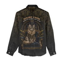 Maine Coon Cat Gentle Giant Women Casual Shirt Royal Feline Vintage Gold Damask Portrait