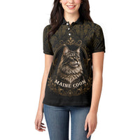 Maine Coon Cat Gentle Giant Women Polo Shirt Royal Feline Vintage Gold Damask Portrait