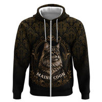 Maine Coon Cat Gentle Giant Zip Hoodie Royal Feline Vintage Gold Damask Portrait