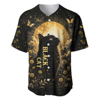 Black Cat Celestial Moon Baseball Jersey Mystical Gold Floral Night Sky