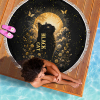 Black Cat Celestial Moon Beach Blanket Mystical Gold Floral Night Sky