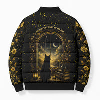 Black Cat Celestial Moon Bomber Puffer Jacket Mystical Gold Floral Night Sky