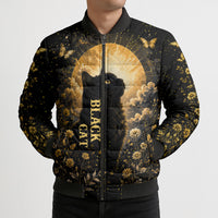 Black Cat Celestial Moon Bomber Puffer Jacket Mystical Gold Floral Night Sky