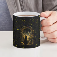 Black Cat Celestial Moon Ceramic Mug Mystical Gold Floral Night Sky