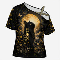 Black Cat Celestial Moon Cross Shoulder Shirt Mystical Gold Floral Night Sky
