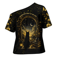 Black Cat Celestial Moon Cross Shoulder Shirt Mystical Gold Floral Night Sky