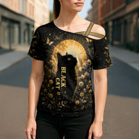 Black Cat Celestial Moon Cross Shoulder Shirt Mystical Gold Floral Night Sky