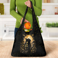 Black Cat Celestial Moon Grocery Bag Mystical Gold Floral Night Sky
