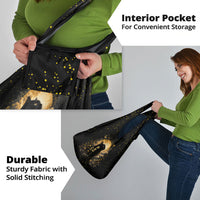 Black Cat Celestial Moon Grocery Bag Mystical Gold Floral Night Sky