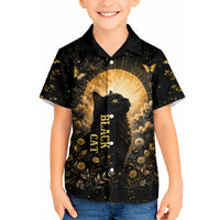 Black Cat Celestial Moon Hawaiian Shirt Mystical Gold Floral Night Sky