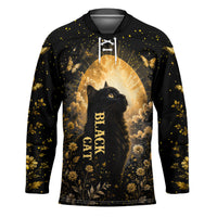 Black Cat Celestial Moon Hockey Jersey Mystical Gold Floral Night Sky
