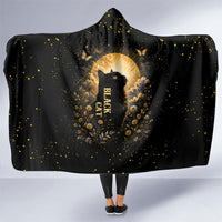 Black Cat Celestial Moon Hooded Blanket Mystical Gold Floral Night Sky