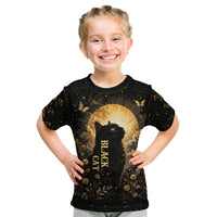 Black Cat Celestial Moon Kid T Shirt Mystical Gold Floral Night Sky