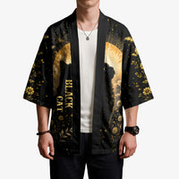 Black Cat Celestial Moon Kimono Mystical Gold Floral Night Sky