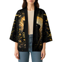 Black Cat Celestial Moon Kimono Mystical Gold Floral Night Sky